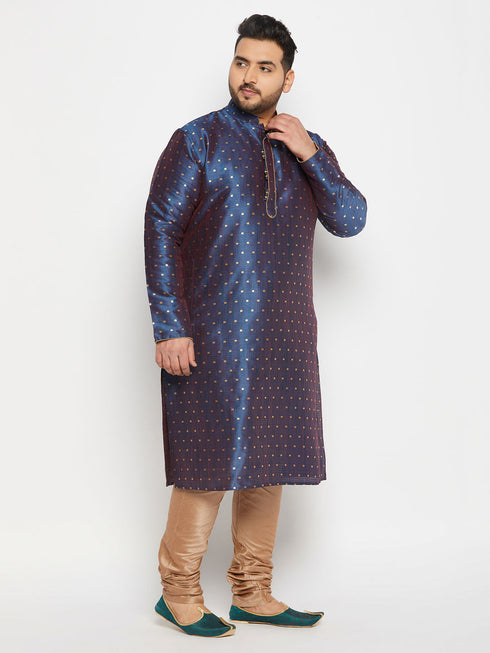 Vastramay Men's PLUS Size Navy Blue Zari Weaved Kurta Pyjama Set