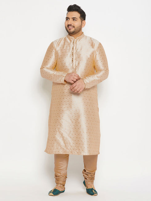Vastramay Men's PLUS Size Gold Zari Weaved Kurta Pyjama Set