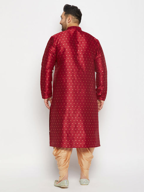 Vastramay Men's Plus Size Maroon Zari Weaved Kurta Dhoti Set