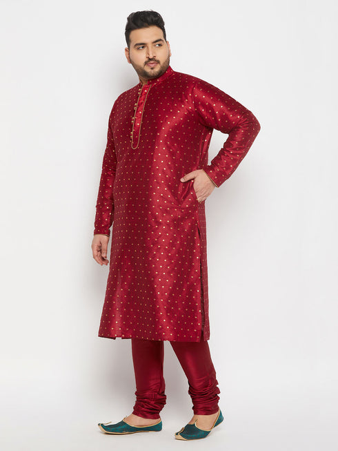 Vastramay Men's PLUS Size Maroon Zari Weaved Kurta Pyjama Set