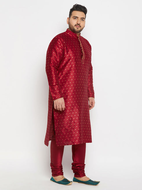 Vastramay Men's PLUS Size Maroon Zari Weaved Kurta Pyjama Set