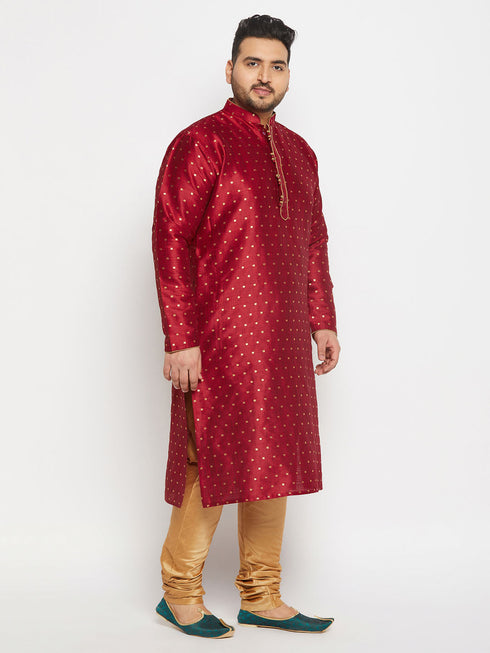 Vastramay Men's PLUS Size Maroon Zari Weaved Kurta Pyjama Set