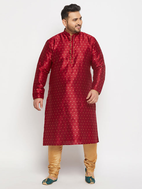 Vastramay Men's PLUS Size Maroon Zari Weaved Kurta Pyjama Set