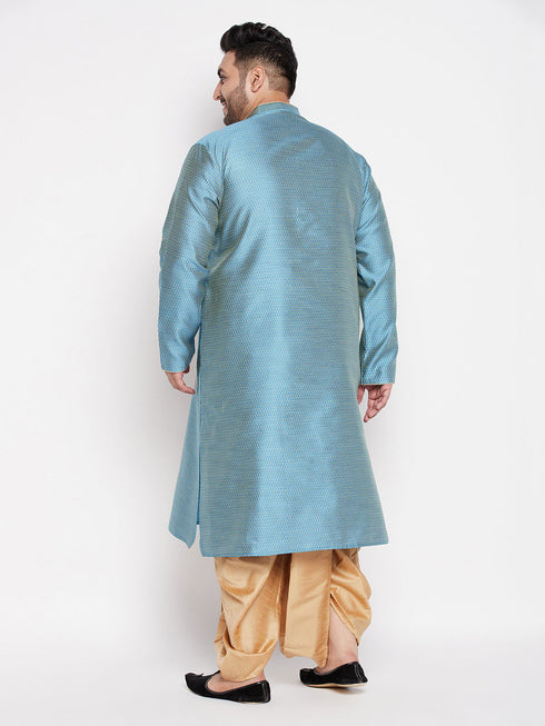 Vastramay Men's Plus Size Aqua Blue Woven Kurta And Rose Gold Dhoti Set