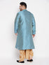 Vastramay Men's Plus Size Aqua Blue Woven Kurta And Rose Gold Dhoti Set