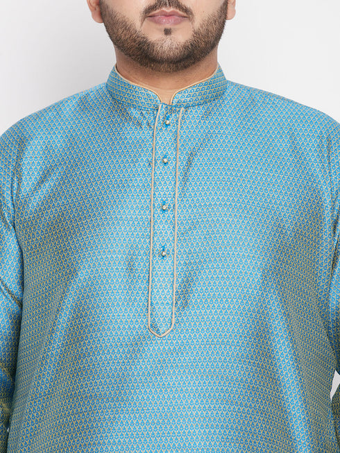 Vastramay Men's Plus Size Aqua Blue Woven Kurta And Rose Gold Dhoti Set