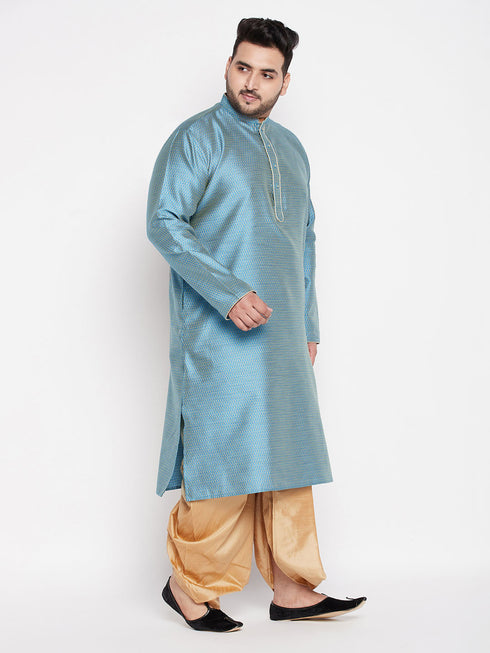 Vastramay Men's Plus Size Aqua Blue Woven Kurta And Rose Gold Dhoti Set