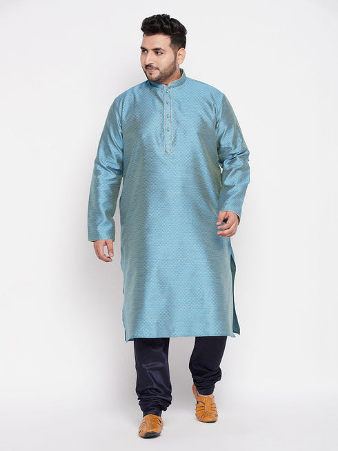 Vastramay Men's Plus Size Aqua Blue Woven Kurta And Navy Blue Pyjama Set