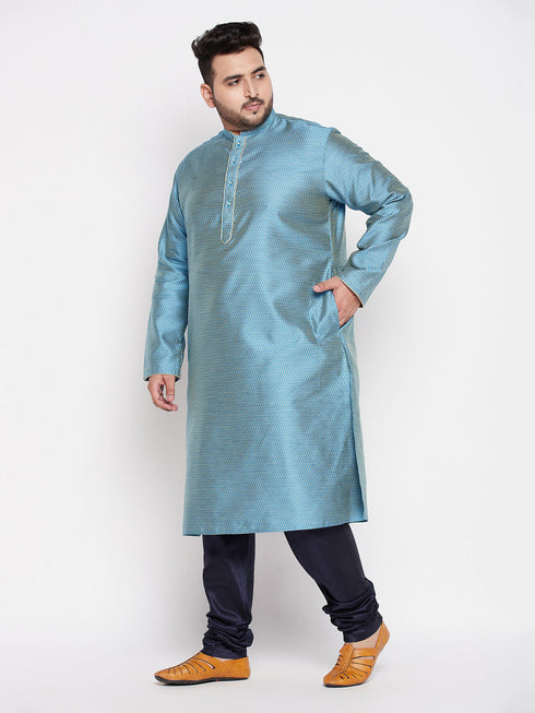 Vastramay Men's Plus Size Aqua Blue Woven Kurta And Navy Blue Pyjama Set