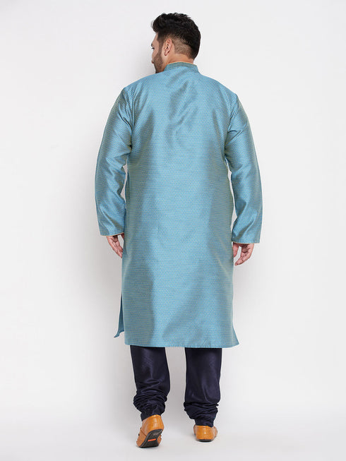Vastramay Men's Plus Size Aqua Blue Woven Kurta And Navy Blue Pyjama Set