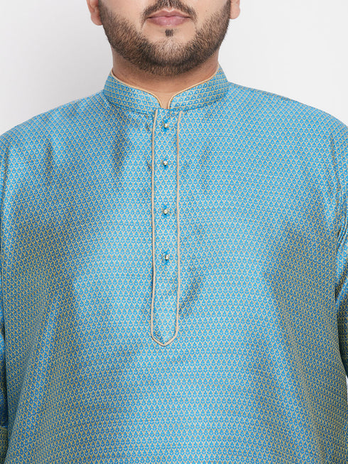 Vastramay Men's Plus Size Aqua Blue Woven Kurta And Navy Blue Pyjama Set