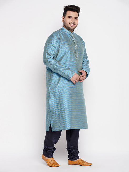 Vastramay Men's Plus Size Aqua Blue Woven Kurta And Navy Blue Pyjama Set