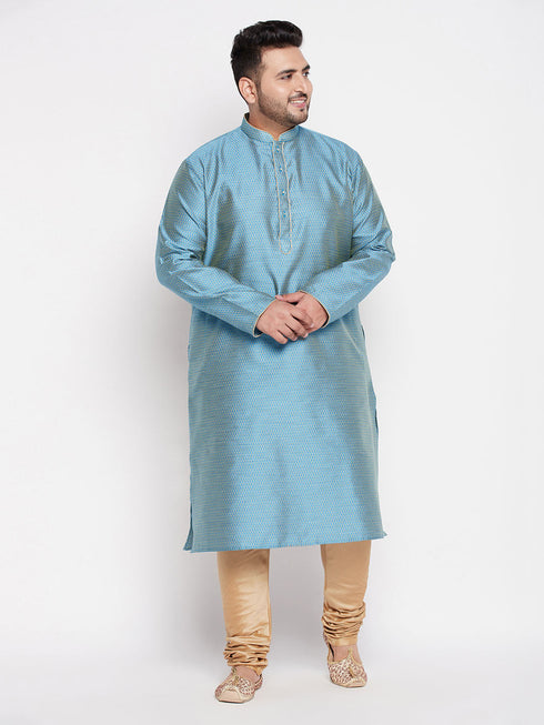Vastramay Men's Plus Size Aqua Blue Woven Kurta And Rose Gold Pyjama Set