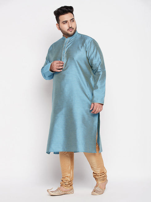Vastramay Men's Plus Size Aqua Blue Woven Kurta And Rose Gold Pyjama Set