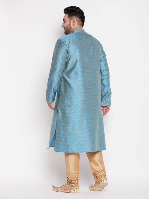 Vastramay Men's Plus Size Aqua Blue Woven Kurta And Rose Gold Pyjama Set