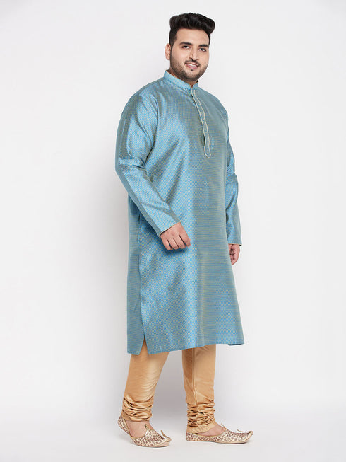 Vastramay Men's Plus Size Aqua Blue Woven Kurta And Rose Gold Pyjama Set