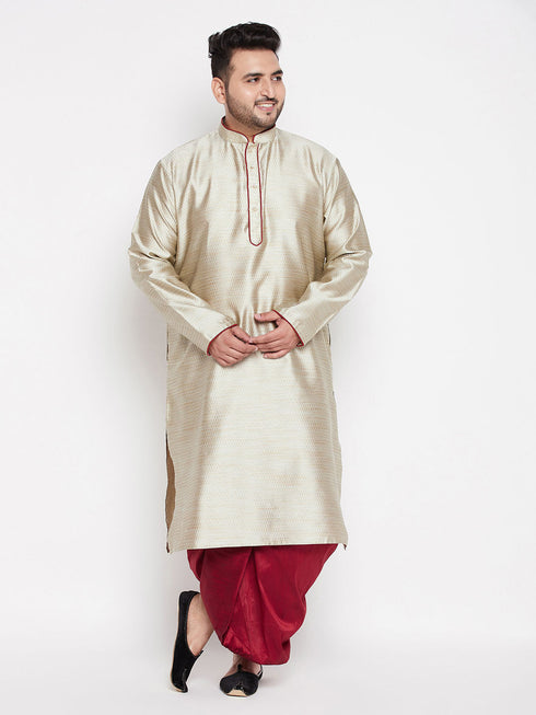 Vastramay Men's Plus Size Beige Woven Kurta And Maroon Dhoti Set