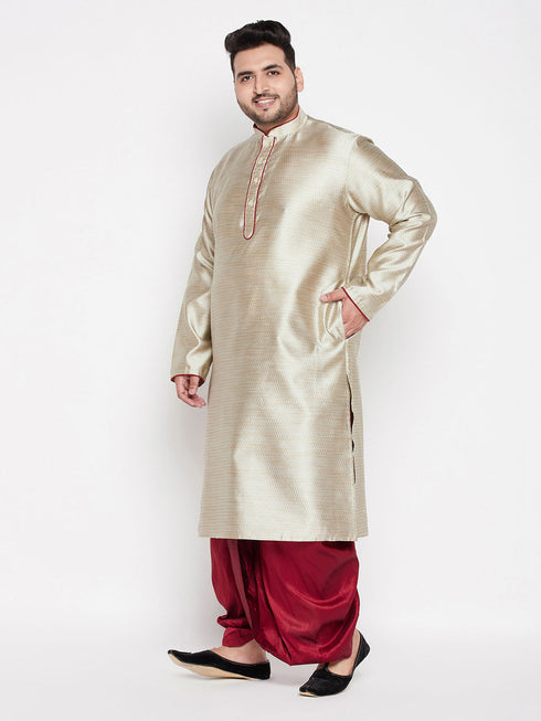 Vastramay Men's Plus Size Beige Woven Kurta And Maroon Dhoti Set