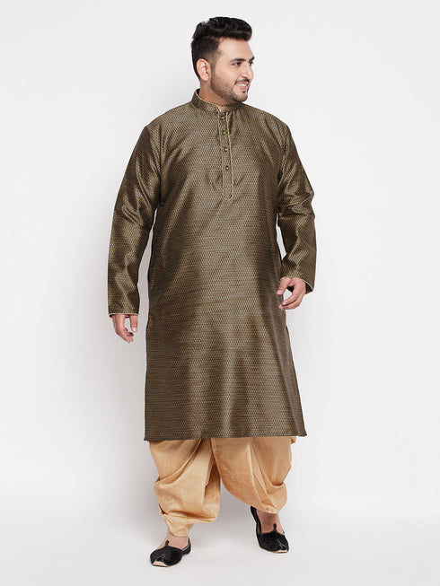 Vastramay Men's Plus Size Black Woven Kurta And Rose Gold Dhoti Set