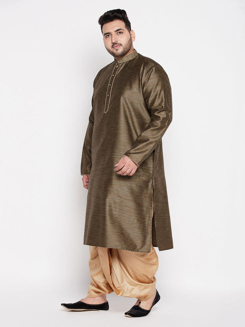 Vastramay Men's Plus Size Black Woven Kurta And Rose Gold Dhoti Set