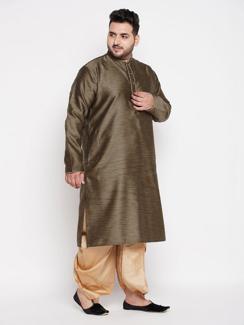 Vastramay Men's Plus Size Black Woven Kurta And Rose Gold Dhoti Set