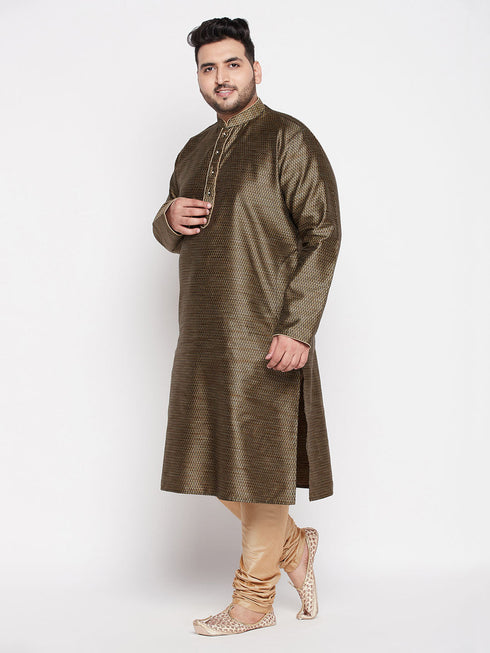 Vastramay Men's Plus Size Black Woven Kurta And Rose Gold Pyjama Set
