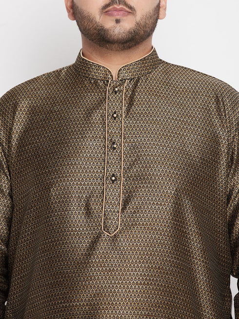 Vastramay Men's Plus Size Black Woven Kurta And Rose Gold Pyjama Set