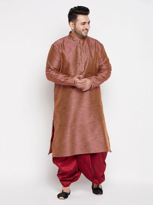 Vastramay Men's Plus Size Maroon Woven Kurta And Maroon Dhoti Set
