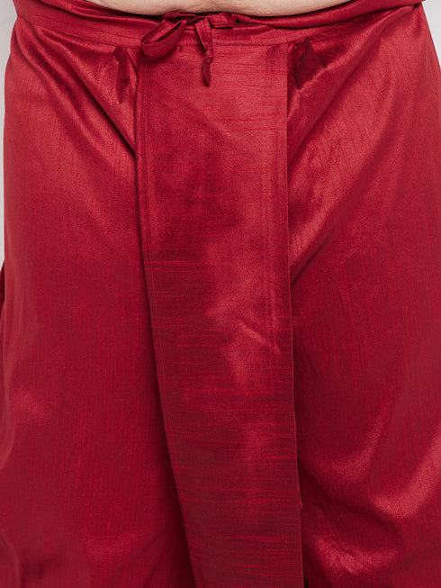 Vastramay Men's Plus Size Maroon Woven Kurta And Maroon Dhoti Set