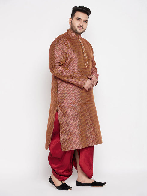 Vastramay Men's Plus Size Maroon Woven Kurta And Maroon Dhoti Set