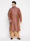 Vastramay Men's Plus Size Maroon Woven Kurta And Rose Gold Dhoti Set
