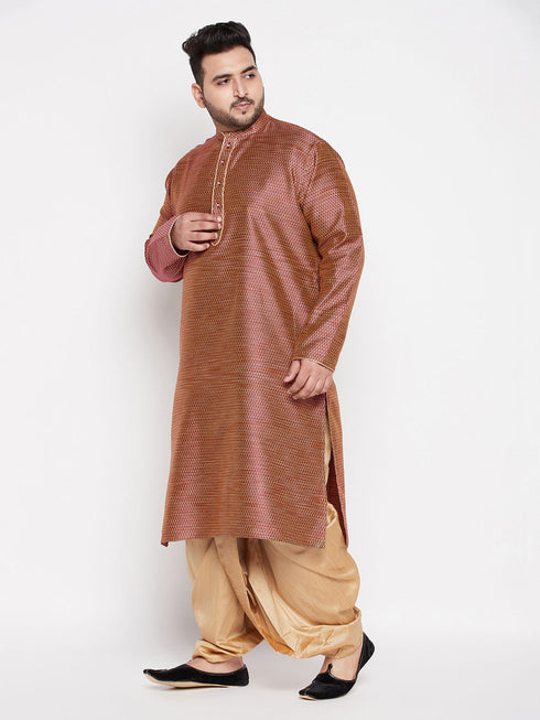 Vastramay Men's Plus Size Maroon Woven Kurta And Rose Gold Dhoti Set