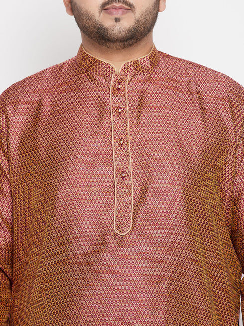 Vastramay Men's Plus Size Maroon Woven Kurta And Rose Gold Dhoti Set