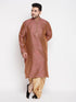 Vastramay Men's Plus Size Maroon Woven Kurta And Rose Gold Dhoti Set