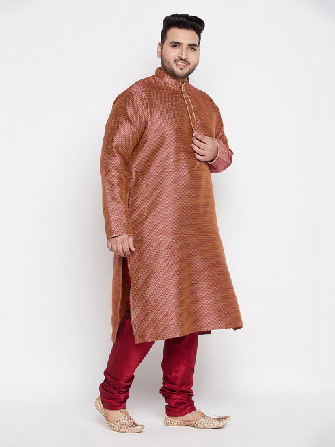 Vastramay Men's Plus Size Maroon Woven Kurta And Maroon Pyjama Set