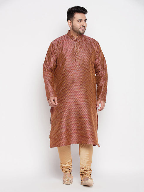 Vastramay Men's Plus Size Maroon Woven Kurta And Rose Gold Pyjama Set