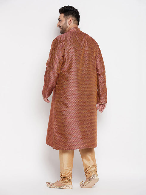 Vastramay Men's Plus Size Maroon Woven Kurta And Rose Gold Pyjama Set