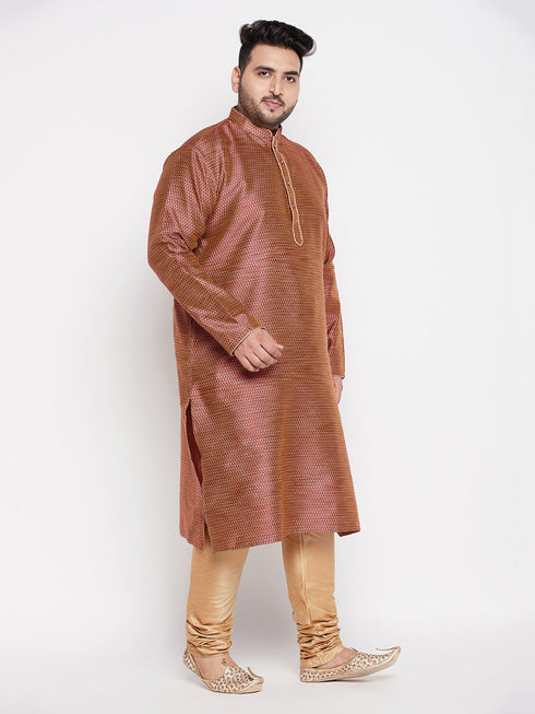 Vastramay Men's Plus Size Maroon Woven Kurta And Rose Gold Pyjama Set