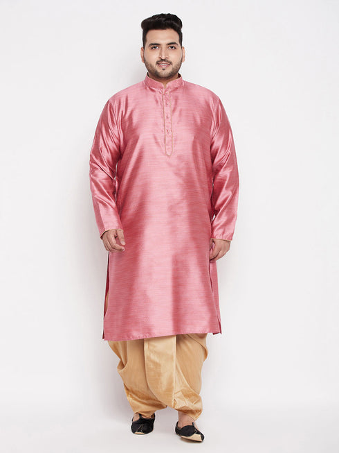 Vastramay Men's Plus Size Pink Woven Kurta And Rose Gold Dhoti Set