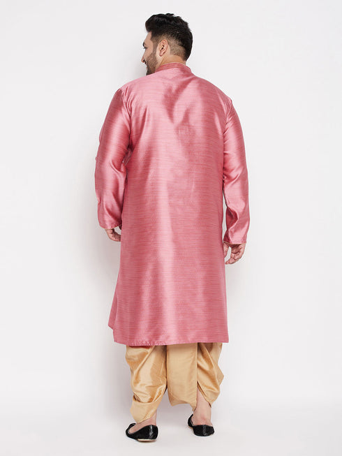 Vastramay Men's Plus Size Pink Woven Kurta And Rose Gold Dhoti Set