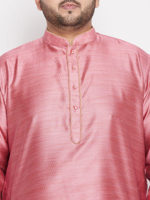 Vastramay Men's Plus Size Pink Woven Kurta And Rose Gold Dhoti Set