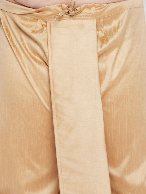 Vastramay Men's Plus Size Pink Woven Kurta And Rose Gold Dhoti Set