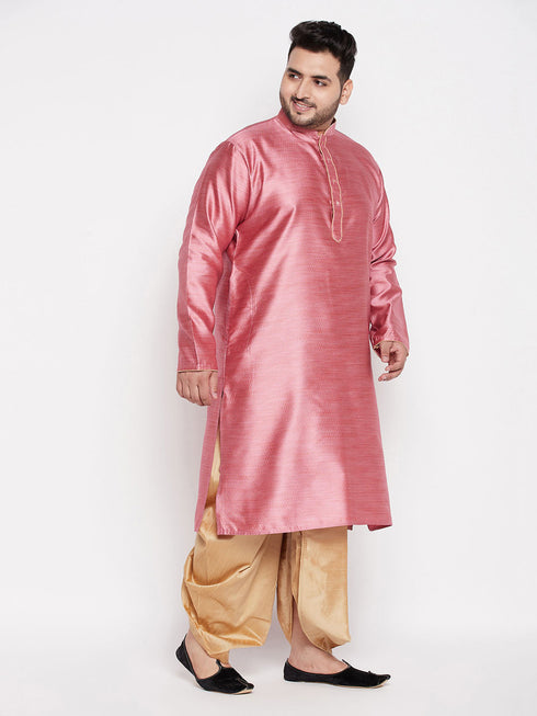 Vastramay Men's Plus Size Pink Woven Kurta And Rose Gold Dhoti Set
