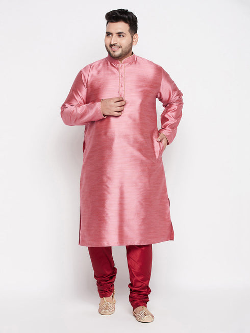 Vastramay Men's Plus Size Pink Woven Kurta And Maroon Pyjama Set
