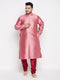 Vastramay Men's Plus Size Pink Woven Kurta And Maroon Pyjama Set