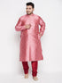 Vastramay Men's Plus Size Pink Woven Kurta And Maroon Pyjama Set