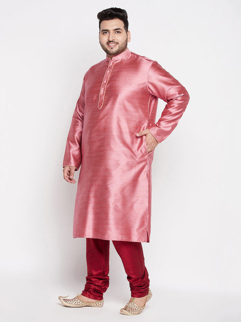 Vastramay Men's Plus Size Pink Woven Kurta And Maroon Pyjama Set