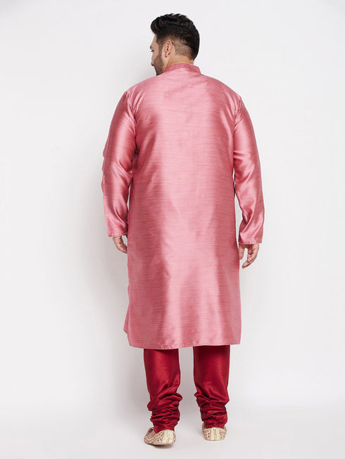 Vastramay Men's Plus Size Pink Woven Kurta And Maroon Pyjama Set