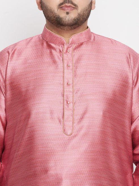 Vastramay Men's Plus Size Pink Woven Kurta And Maroon Pyjama Set