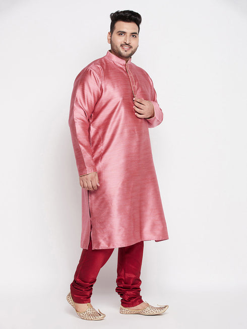 Vastramay Men's Plus Size Pink Woven Kurta And Maroon Pyjama Set
